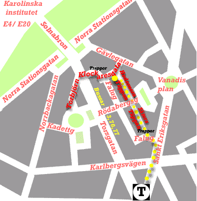 Kjells egen karta över promenaden från S:t Eriksplan till Torbjörn Klockares gata, markerad med gula punkter