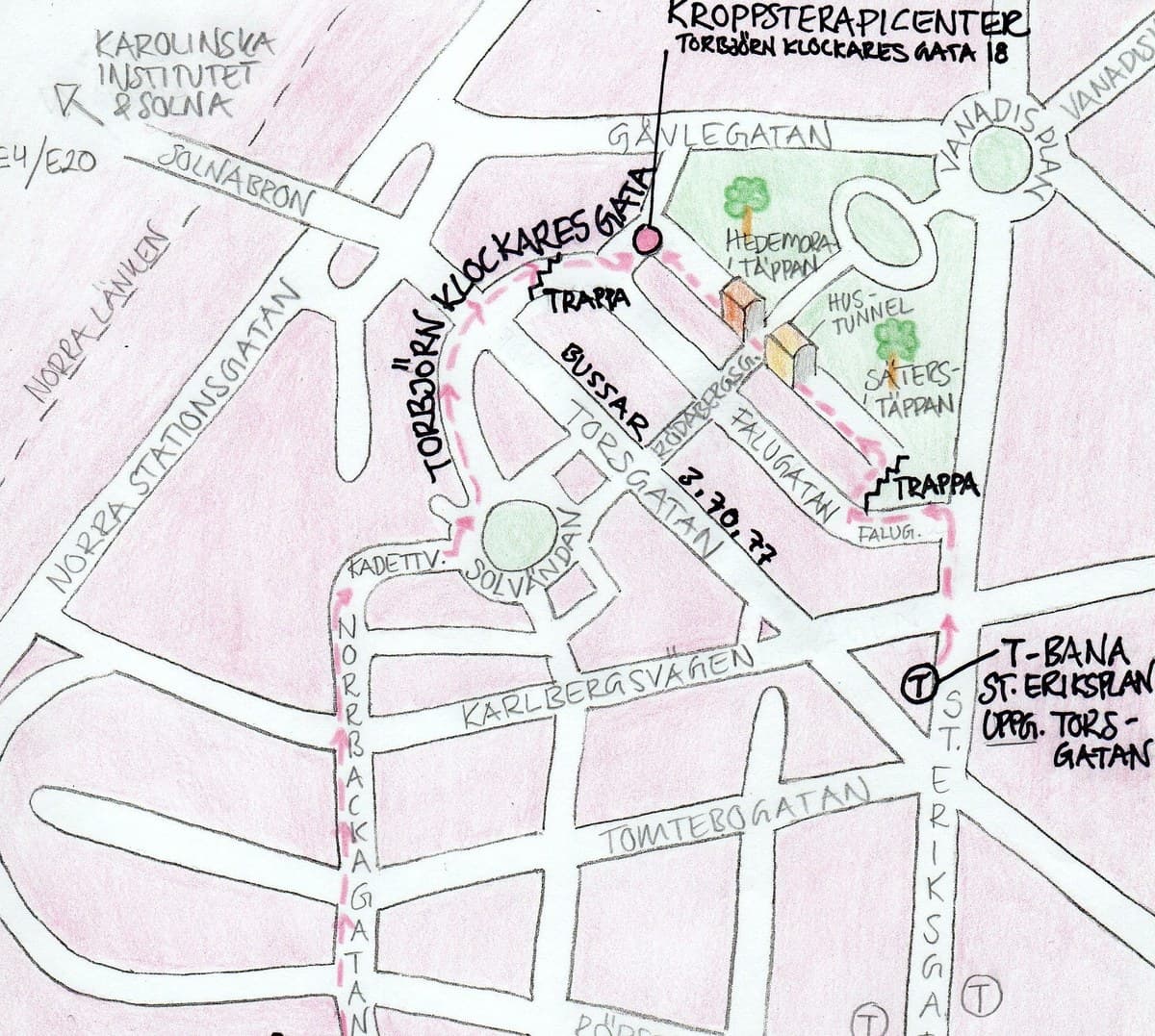 Handritad karta över promenaden från T-bana S:t Eriksplan via Falugatan till Torbjörn Klockares gata 18